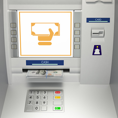 ATM machine with banknotes and money withdrawal icon in the money slot. Online payment, giving money returning bank debt cash withdrawal deposit, transfer funds, concept. 3D illustration