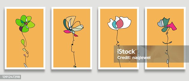 istock Vector set of creative colors minimalist line art hand drawn foliage flower illustrations for wall decoration postcard or brochure cover card banner background collection 1391247298