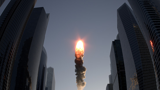 Fire ball flies between skyscrapers 3d illustration
