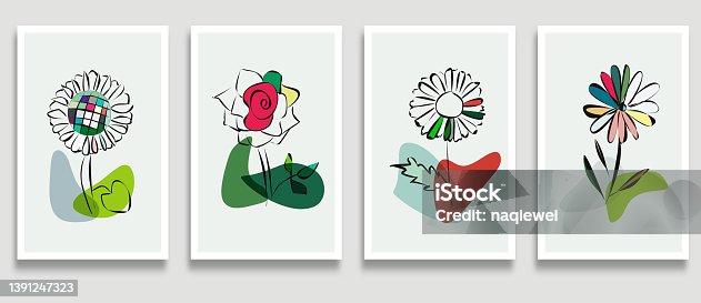istock Vector set of creative colors minimalist hand drawn foliage flower illustrations for wall decoration postcard or brochure cover card banner background collection 1391247323