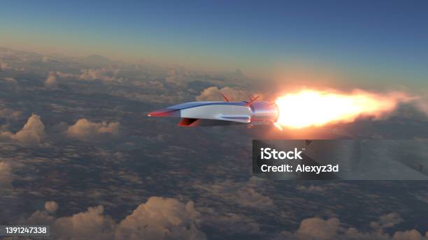 Hypersonic Rocket Flies Above The Clouds Stock Photo - Download Image Now - Missile, Russia, Cruise - Vacation