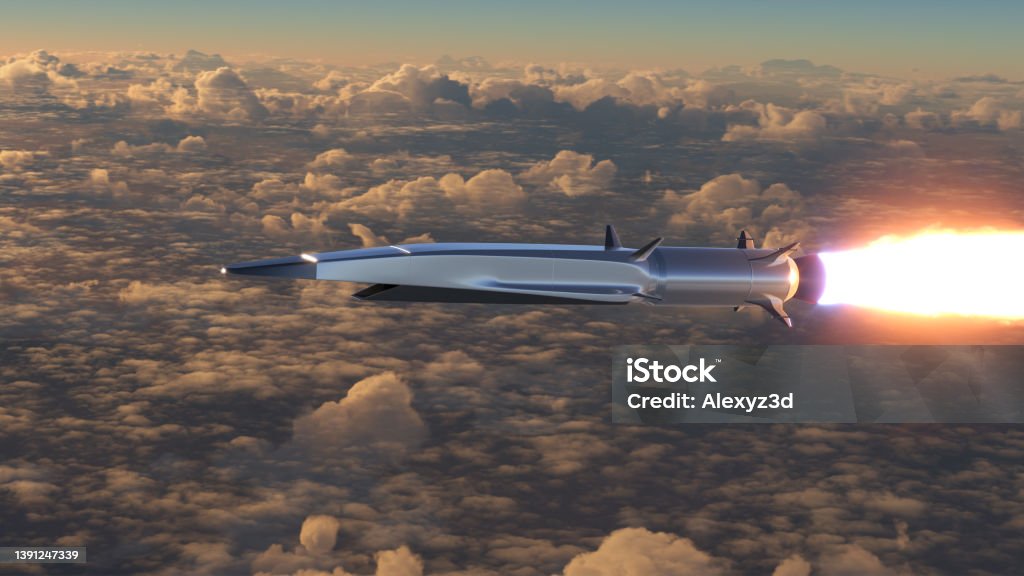 Hypersonic rocket flies above the clouds Hypersonic missile flies above the clouds Missile Stock Photo