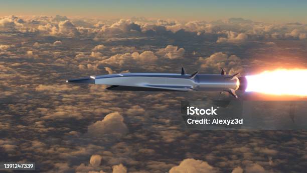 Hypersonic Rocket Flies Above The Clouds Stock Photo - Download Image Now - Missile, Weapon, Russia