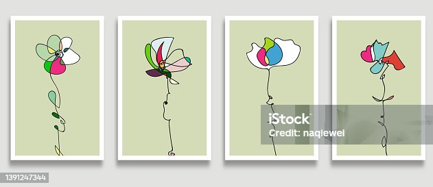 istock Vector set of creative colors minimalist line art hand drawn foliage flower illustrations for wall decoration postcard or brochure cover card banner background collection 1391247344