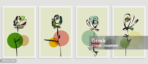 istock Vector set of creative colors minimalist line art hand drawn rose bud illustrations for wall decoration postcard or brochure cover card banner background collection 1391247352