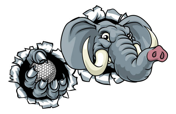 Elephant Golf Ball Sports Animal Mascot An elephant golf sports animal mascot holding a ball and breaking through the background republican elephant logo stock illustrations