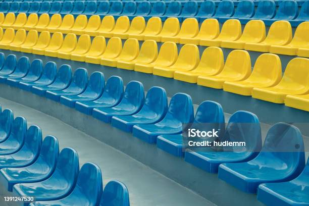 Empty Stadium Seats Background Stock Photo - Download Image Now - Soccer, Bleachers, Armchair