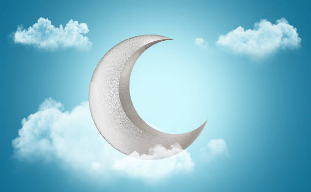 istock Crescent moon Islamic symbol Eid Mubarak in the sky Clouds Bright Background 3d illustration 1391248872