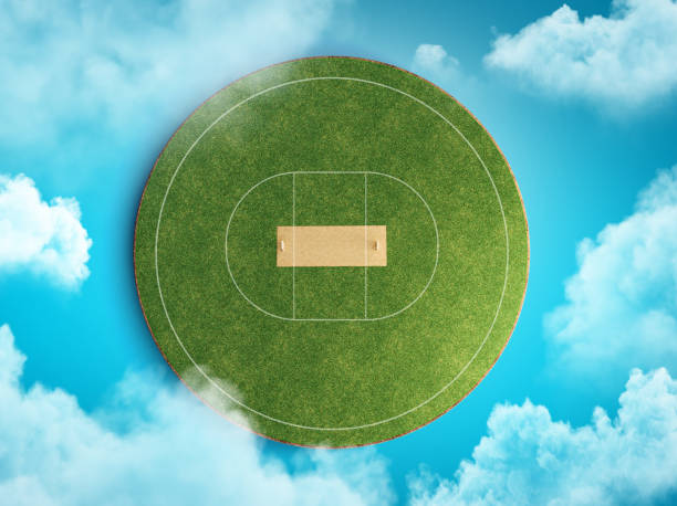 Cricket Field. cricket stadium on sky blue background and clouds 3d illustration