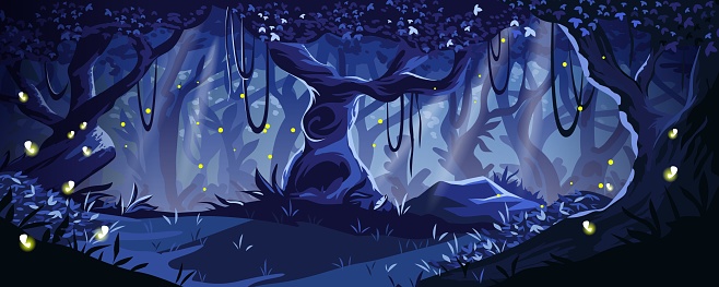 Cartoon night forest. Magic mystic wood with flying fireflies. Dark tree trunks and plant foliage. Nighttime scenic landscape. Woodland panorama. Wild nature scenery. Vector fairy tale illustration