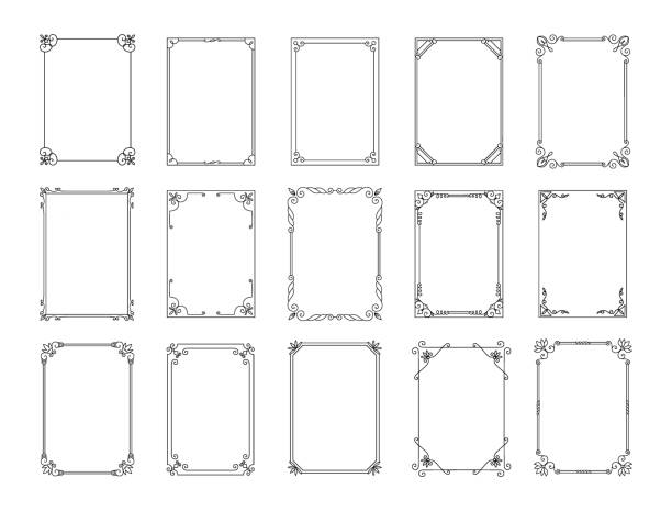 dekorative rahmen. abstrakter kalligraphischer vintage-rahmen für einladungen und postkarten. geometrische formen. klassische filigrane rechtecke. retro-botanische elemente. vektorlinienrahmen festlegen - corner stock-grafiken, -clipart, -cartoons und -symbole