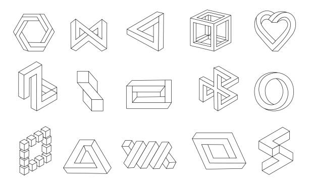 Line impossible shapes. Optical illusion collection. Visual perception delusion. Looped unreal forms. Black and white abstract infinite symbols. Vector outline geometric figures set Line impossible shapes. Optical illusion collection. Visual perception delusion. Looped unreal forms. Black and white abstract contour infinite symbols. Vector outline geometric isolated figures set circular maze stock illustrations