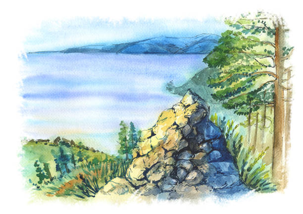 felsen, stein auf dem berg, blick auf den baikalsee, handgezeichnete aquarellillustration. - baikalsee stock-grafiken, -clipart, -cartoons und -symbole