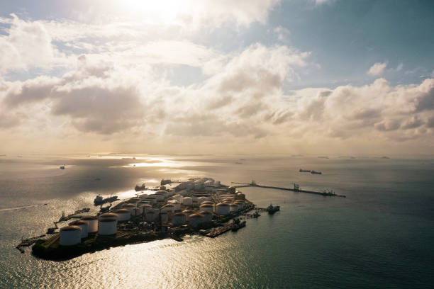 Drone Shot of Oil Storage Island stock photo