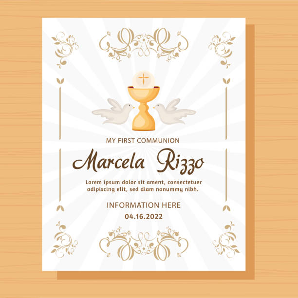 first communion postcard first communion postcard with chalice communion stock illustrations