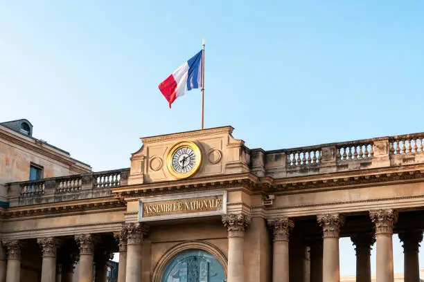 Paris : rear entrance of French National Assembly (Palais Bourbon), with french flag flying. Paris in France