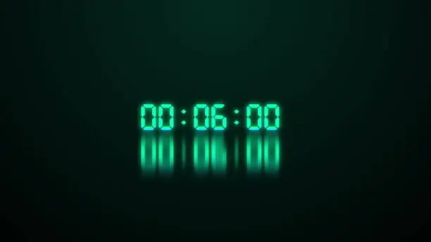 Glowing led timecode readout with green digits on black background. 3D render