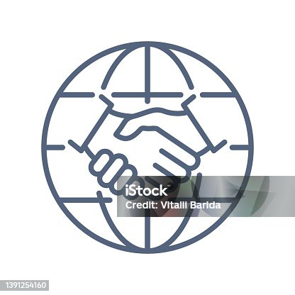 istock Handshake and globe line icon. 1391254160
