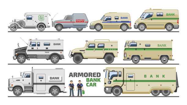 Armored vehicle vector bank van transport car illustration armor transportation set of truck with money security people in bulletproof character isolated on white background Armored vehicle vector bank van transport car illustration armor transportation set of truck with money security people in bulletproof character isolated on white background. armoured truck stock illustrations