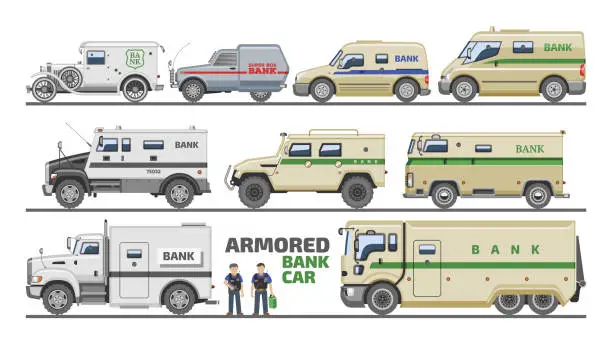 Vector illustration of Armored vehicle vector bank van transport car illustration armor transportation set of truck with money security people in bulletproof character isolated on white background