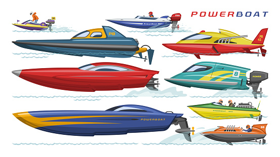 Power boat vector speedboat sailboat transport in sea ocean illustration set of nautical motorized yacht motorboat engine transportation isolated on white background.