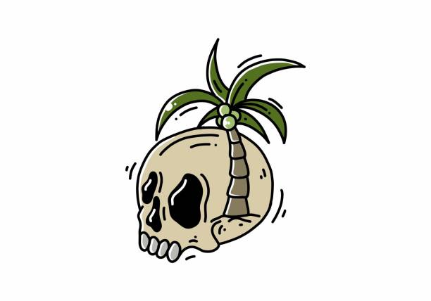 Skull head and coconut tree illustration Skull head and coconut tree illustration design palm tree cartoon stock illustrations