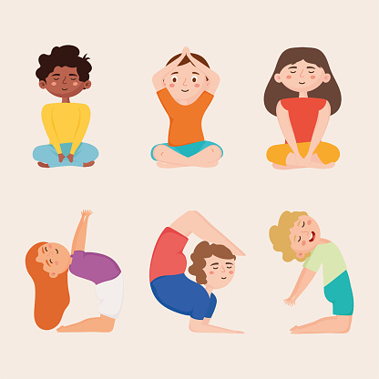 six kids meditating characters group