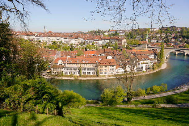 city of bern seen from a distance - berne berne canton aare river switzerland imagens e fotografias de stock