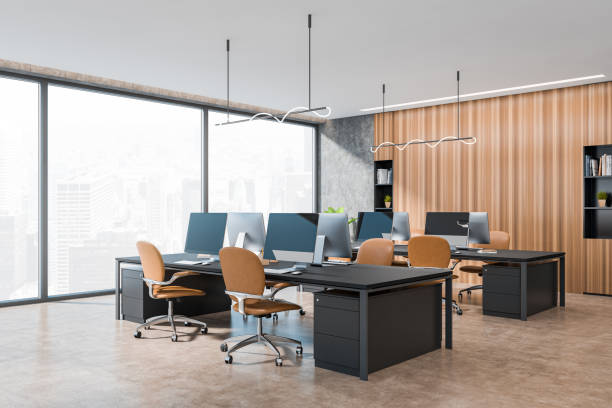 istock Top view of light office interior with chairs and table, decoration and window 1391256697