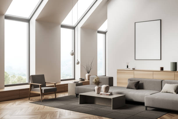 istock Corner view on bright living room interior with empty poster 1391256719