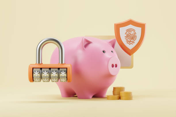 istock Piggy bank with code lock on light background, finance and security 1391256723