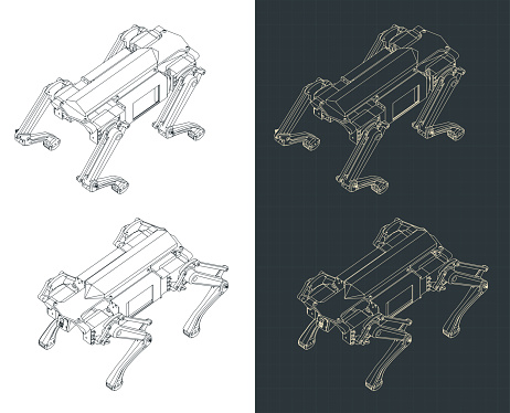 Stylized vector illustration of isometric blueprints of quadruped robot