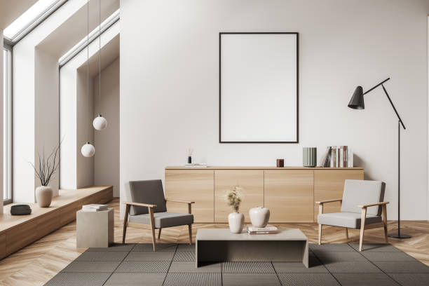 istock Corner view on bright living room interior with empty poster 1391256842