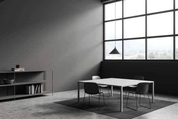 istock Front view on bright office conference room interior with meeting board, desk, chairs, panoramic window, Marble walls concrete floor. time zone clocks. Concept of international coworking. 3d rendering 1391256876