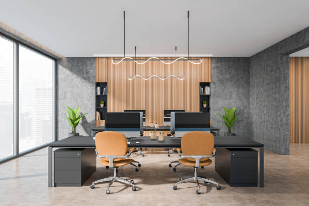 istock Top view of light office interior with chairs and table, decoration and window 1391257011
