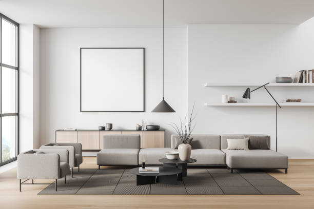 istock Corner view on bright living room interior with empty poster 1391257029