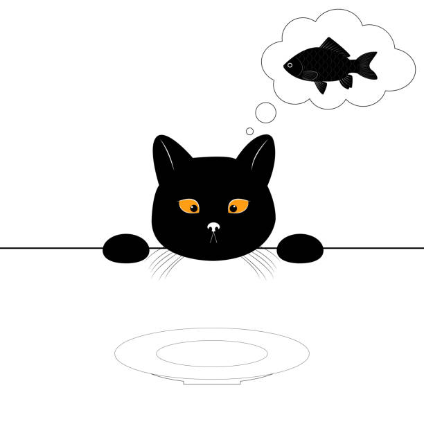 smutny głodny czarny kot patrzy na pusty talerz i marzy o rybie. kot chce jeść. urocza postać. nadruk na koszulce. ilustracja wektorowa izolowana na białym tle - silhouette animal black domestic cat stock illustrations