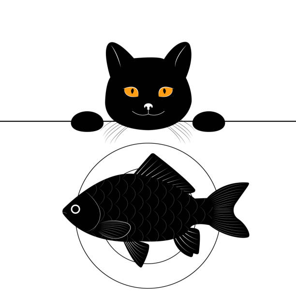 ilustrações, clipart, desenhos animados e ícones de o gato preto olha para a mesa e quer roubar o peixe. personagem engraçado de desenho animado. imprima uma camiseta. ilustração de vetor isolada em fundo branco - silhouette animal black domestic cat