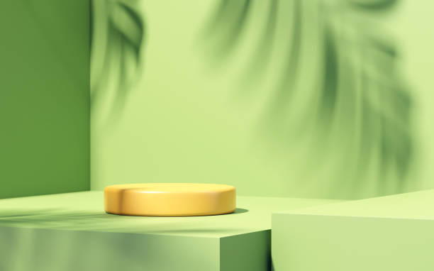 istock Minimal podium green background for product presentation. Tropical leaf shadow on plaster wall. Spring and summer. 1391258058