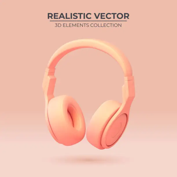 Vector illustration of Realistic headphones in trendy color. 3d vector headphone element.