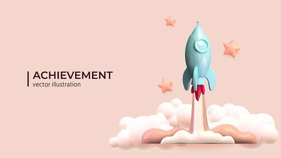 Rocket ship in space around the clouds and stars. Realistic rocket 3d icon. Vector illustration with flying shuttle. Space travel. Spacecraft launch new project start up concept. Vector illustration