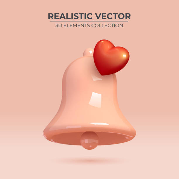 Pink bell Icon with red heart. Realistic 3d object. vector art illustration