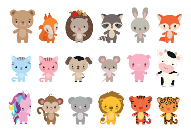 Kawaii animals vector icons. Cute illustration for children. Kawaii animals vector icons. Cute illustration for children. Kids design adorable animals. Cute raccoon. Kawaii fox. Sweet cow. Funny animal set baby style. kawaii cat stock illustrations