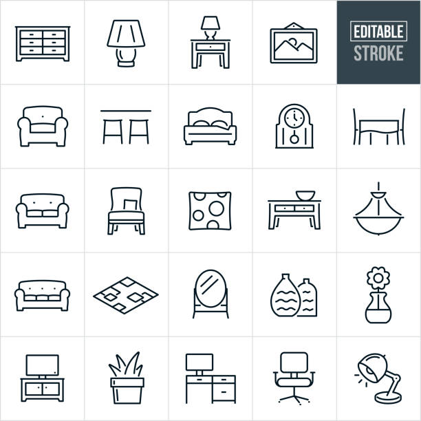 home furniture thin line icons - bearbeitbarer strich - möbel stock-grafiken, -clipart, -cartoons und -symbole