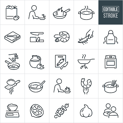 A set of cooking icons that include editable strokes or outlines using the EPS vector file. The icons include a shopping bag of cooking ingredients, person using frying pan to cook meal, frying pan with flame, boiling pot of water, cookbook, knife and cubed butter, shrimp scampi, hand cutting ingredients, cooking apron, hand sprinkling spices into frying pan, olive oil, cutting board with sliced carrot, frying pan cooking over open flame, oven stovetop, lemon zester with lemon, mixing bowl with wooden spoon, shrimp on fork, noodles being cooked in pot of water, food scale with food, sliced lemon, garlic and two people sitting down together to eat.