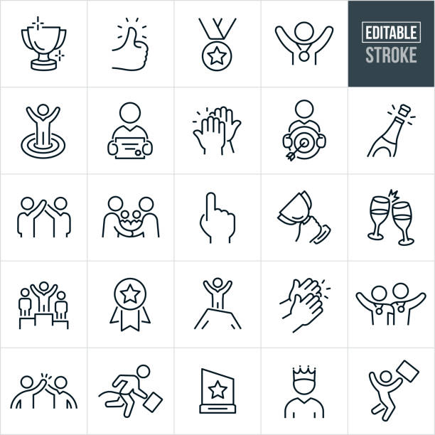 Business Awards And Recognition Thin Line Icons - Editable Stroke A set of business awards and recognition icons that include editable strokes or outlines using the EPS vector file. The icons include a trophy, thumbs up, medal, business person with medal around neck, business person in bulls-eye with arms raised in celebration, businessman holding a certificate award, high-five, business person holding a target with an arrow in the bulls-eye, champagne, celebration toast, business leader raising the arm of a co-worker in recognition of a job well done, 2 business people shaking hands, number one, hand holding up trophy, businessman on winners podium with arms raised, recognition ribbon, business person at top of mountain with arms raised, hands clapping, two business people with arms around shoulders and medals around necks, two business people giving each other a high five, businessman crossing winners tape, recognition plaque, businessman with crown on head and a business person jumping up and down holding briefcase. achievement stock illustrations