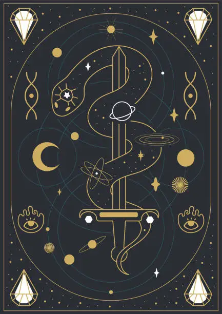 Vector illustration of Design in boho style for the cover, astrology, tarot. Snake and sword. Vector illustration.