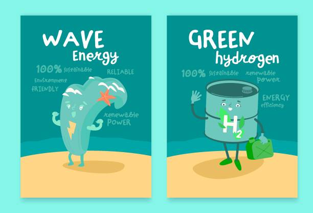 illustrazioni stock, clip art, cartoni animati e icone di tendenza di poster di energia delle onde e dell'idrogeno con divertenti personaggi creativi. - climate invention energy tide