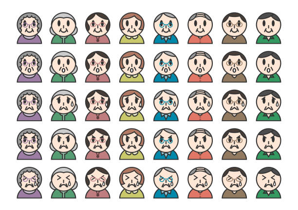 Facial expression icons set of middle-aged and elderly people. Vector illustration. Facial expression icons set of middle-aged and elderly people. Vector illustration. clip art of a old man crying stock illustrations