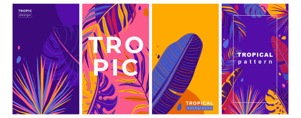 тропический летний узор векторный набор с экзотическими листьями джунглей в простом минималистичном плоском стиле. абстрактный дизайн тр� - summer stock illustrations
